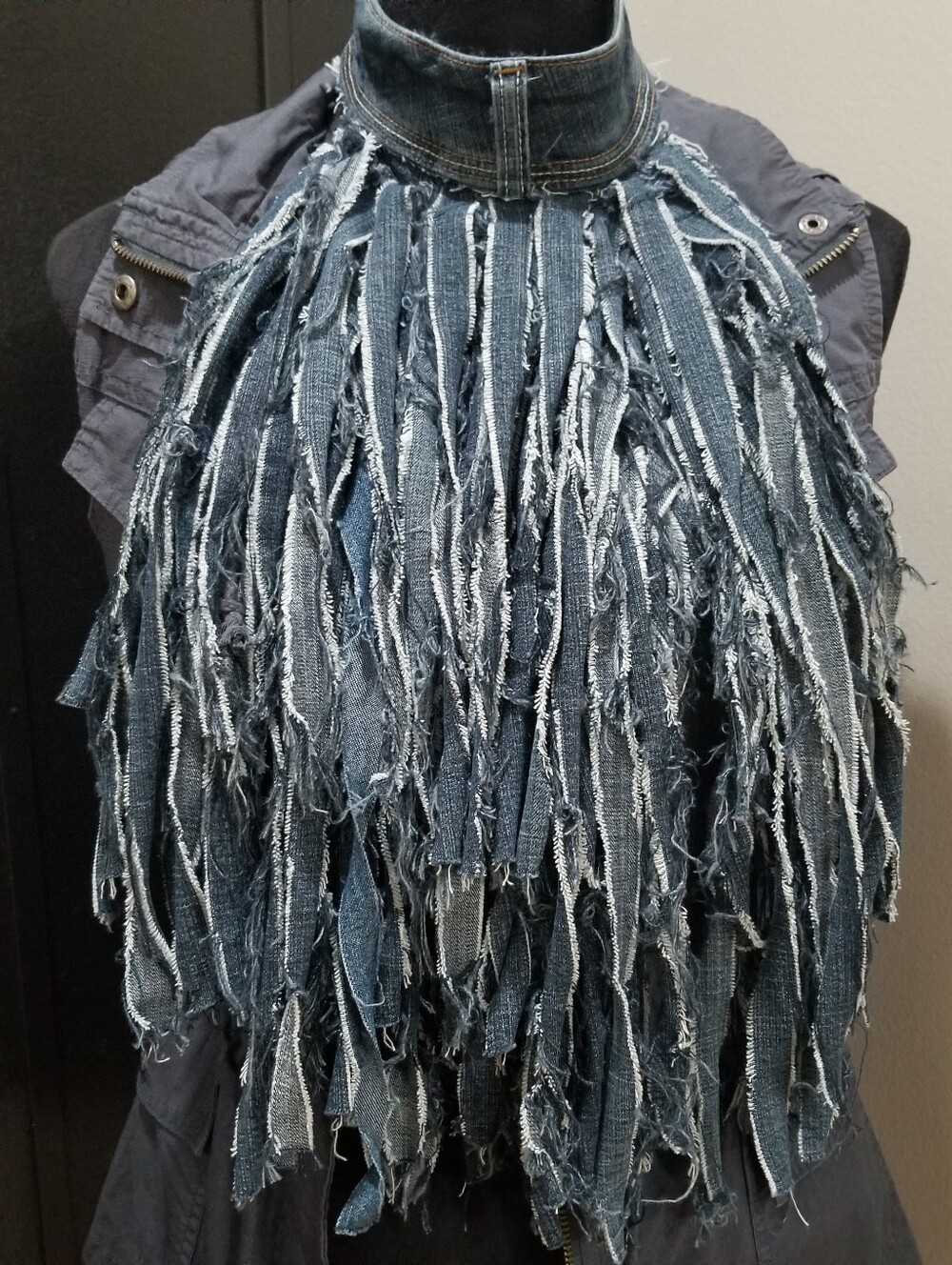 Denim Fringe Halter Necklace in Blue Denim